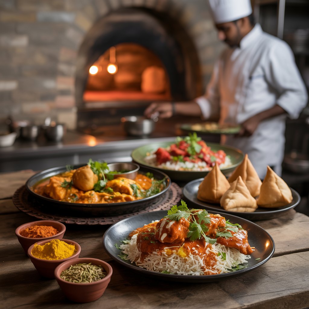 Chef serving freshly prepared pasta in a dark ceramic pan