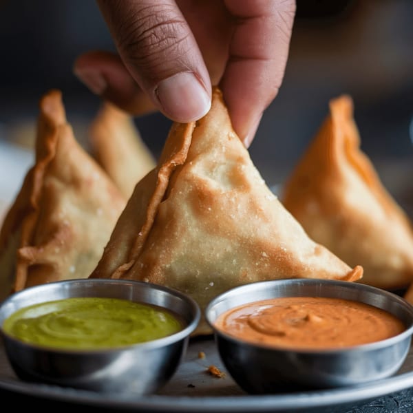 A hand picks up a golden-brown samosa from a plate with two dipping sauces.