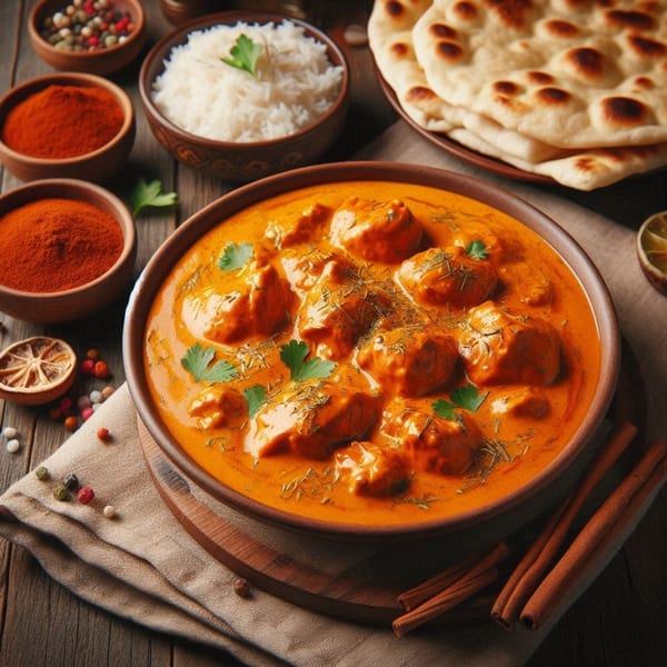 A bowl of Indian butter chicken, rice, naan bread, and spices on a wooden table.