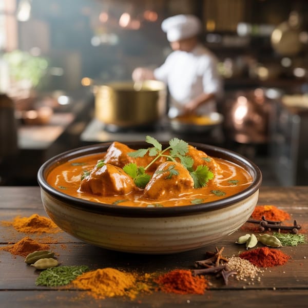 Indian butter chicken in a bowl with spices on a wooden table, chef cooking in background.