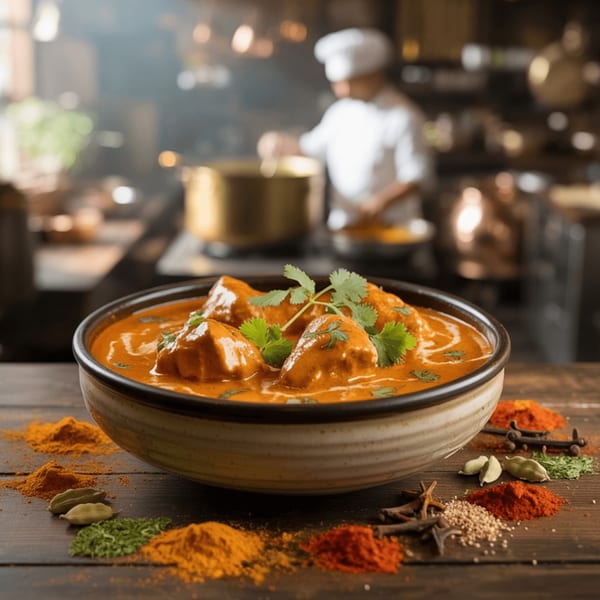 A bowl of Indian butter chicken curry with cilantro, surrounded by spices, in a restaurant kitchen.