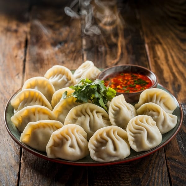Steaming hot momos, garnished with cilantro, and a side of spicy red dipping sauce.