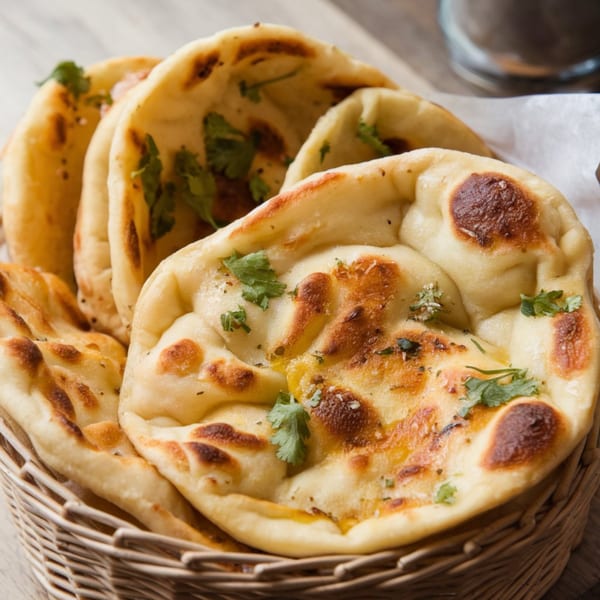 A basket filled with freshly baked Indian naan bread, garnished with cilantro and spices.