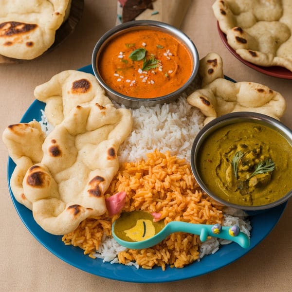A blue plate of Indian food with naan, white rice, orange rice, and two bowls of curry.