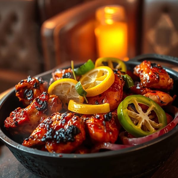Indian chicken wings in a black bowl, garnished with lemon slices and green peppers.