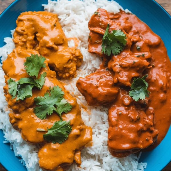 Two portions of Indian chicken curry, one orange and one red, served with white rice and cilantro.