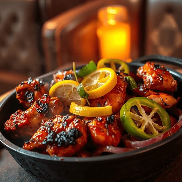 Indian chicken wings with lemon slices, green peppers, and onions in a black bowl.