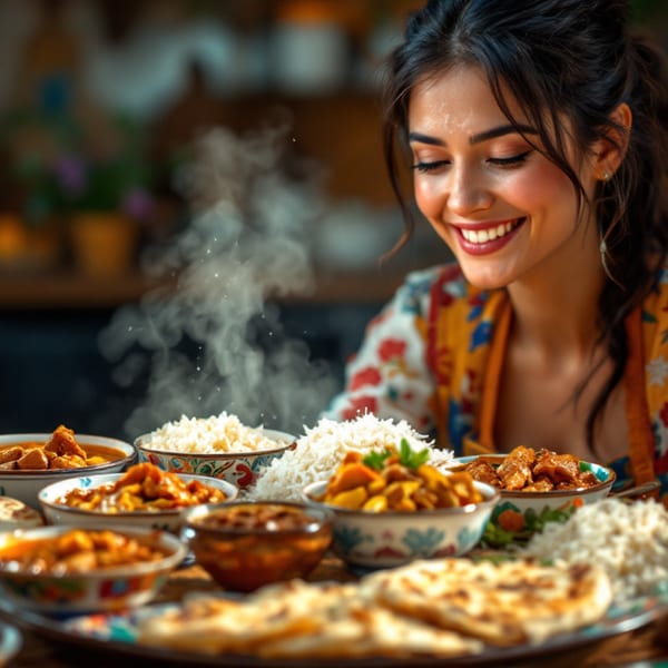 A smiling woman looks down at a platter of steaming Indian curries, rice, and naan bread.