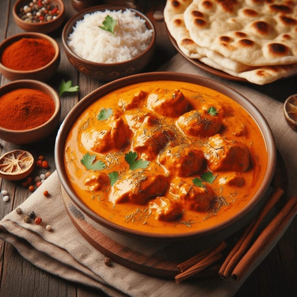 A bowl of Little Nepal's Indian butter chicken, rice, naan, and spices on a wooden table.