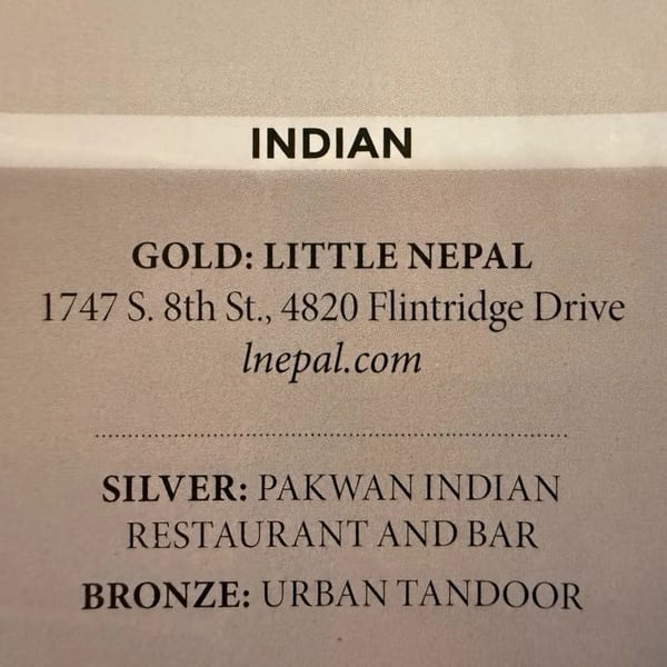A list of top Indian restaurants, with Little Nepal as gold, Pakwan Indian as silver, and Urban Tandoor as bronze.