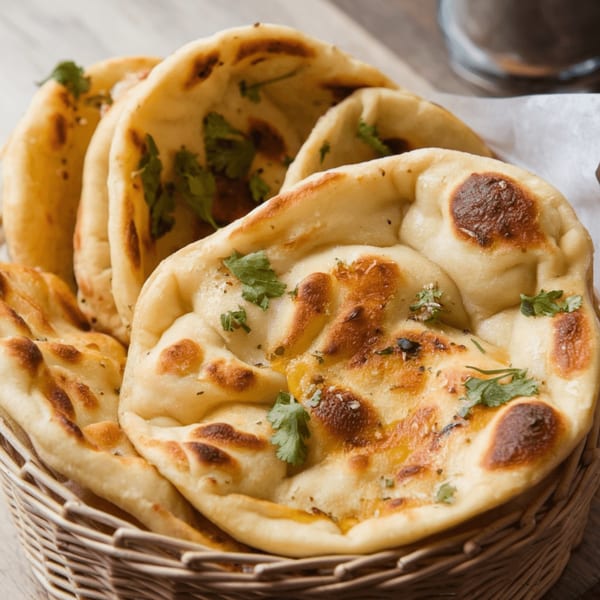 Basket of freshly baked Indian naan bread, garnished with cilantro and spices.