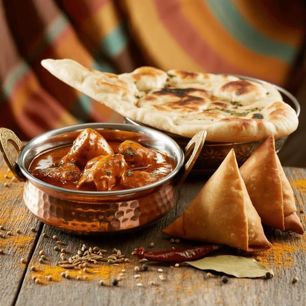Indian chicken curry in a copper bowl, with naan bread and two samosas on a wooden table.