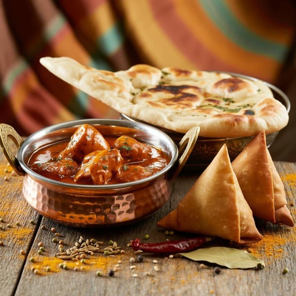 Indian chicken curry in a copper bowl, with naan bread and samosas on a wooden table.